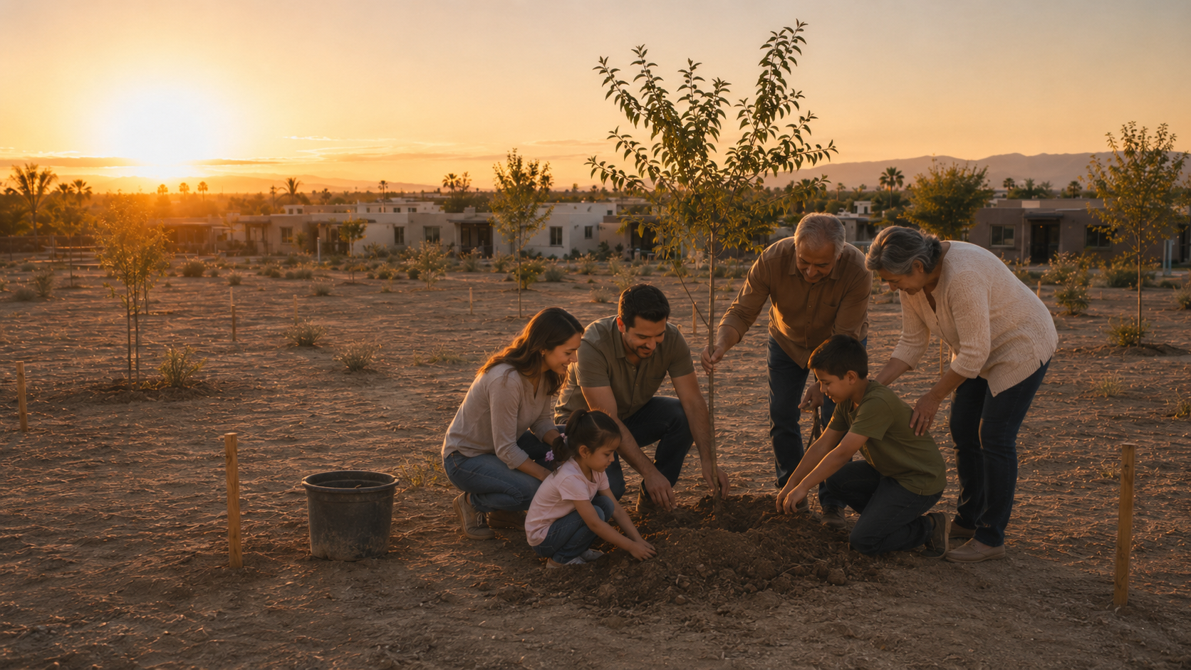 Familia mexicana de tres generaciones plantando un árbol al atardecer en un terreno de Cumbres del Valle en Mexicali