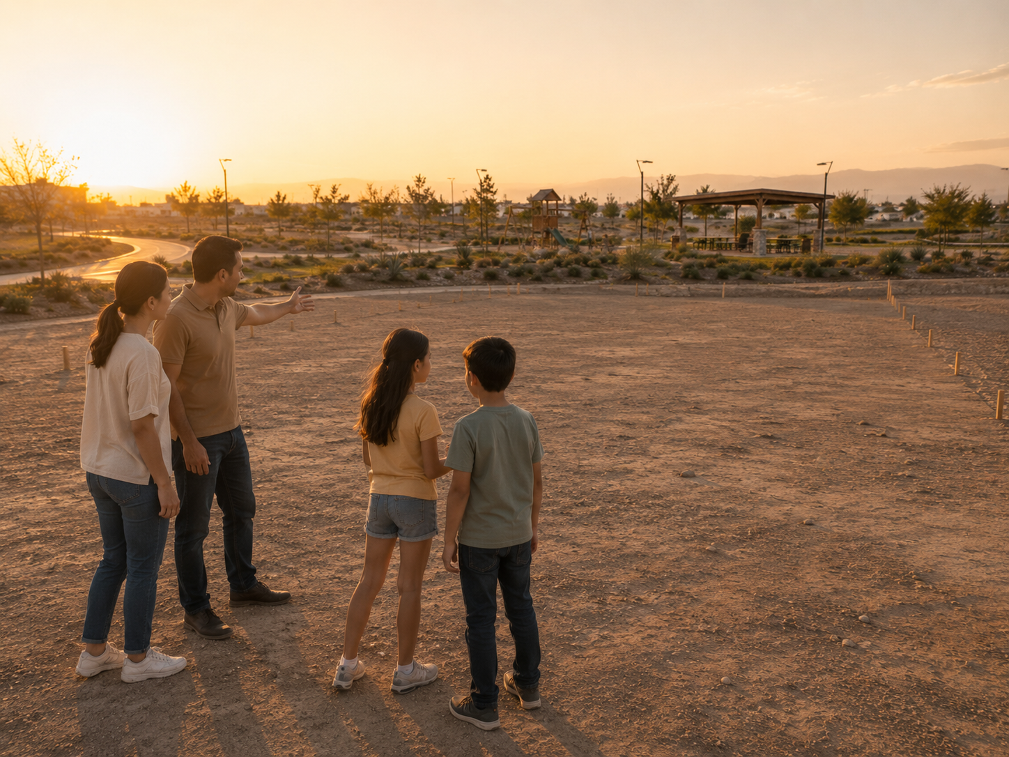 Familia mexicana recorriendo al atardecer un terreno de Cumbres del Valle en Mexicali, con áreas verdes, juegos infantiles y pérgola al fondo