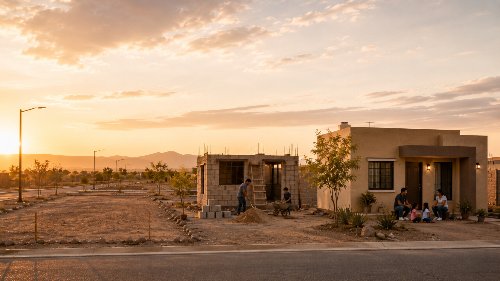 Familia construyendo progresivamente su hogar en un terreno de Cumbres del Valle en Mexicali