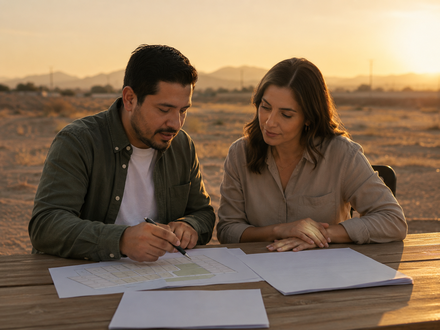 Pareja revisando el plano de lotificación de Cumbres del Valle sobre una mesa al atardecer