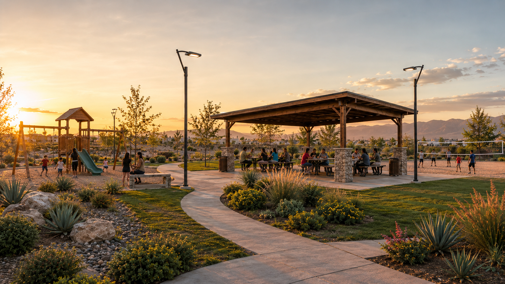Zona de convivencia familiar al atardecer con palapa, juegos infantiles, áreas verdes y cancha de voleibol en Cumbres del Valle, Mexicali
